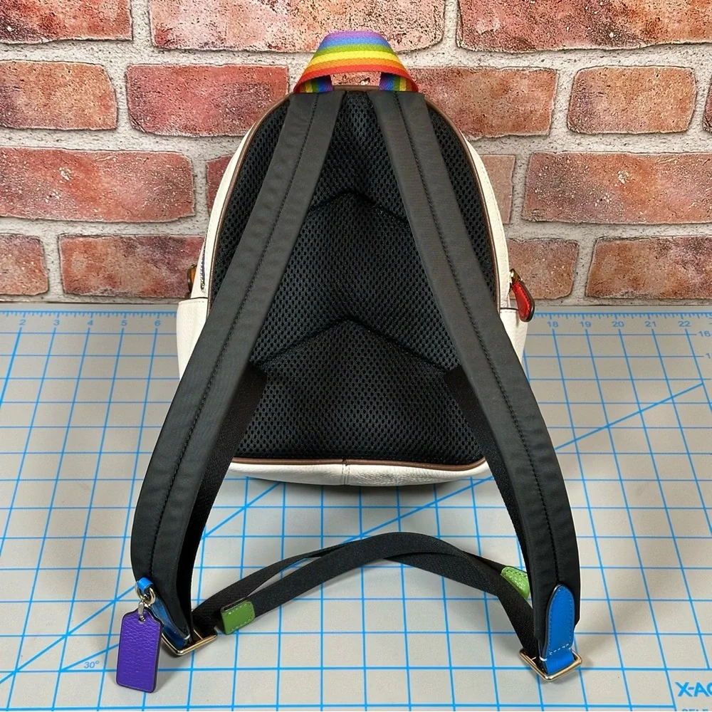 COACH Mini Court Pebbled Leather Backpack White With Rainbow Coach PRIDE Logo - Picture 2 of 16